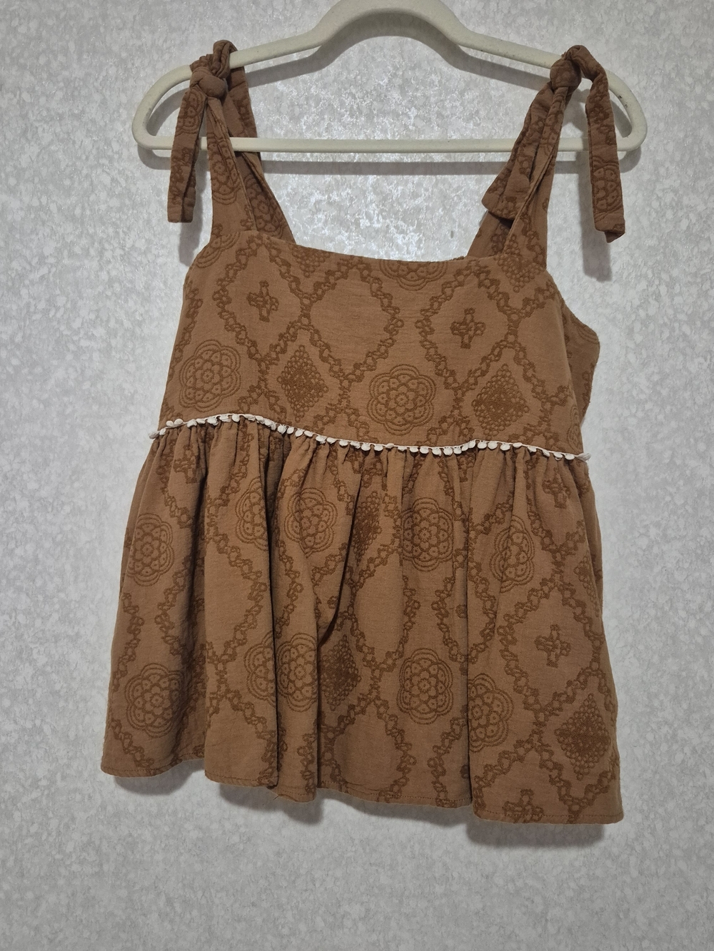 THML Brown Patterned Tie-Shoulder Tank with Pom Trim-Size:L